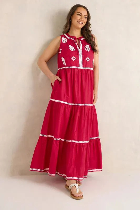 Red Embellished Cotton Maxi Dress