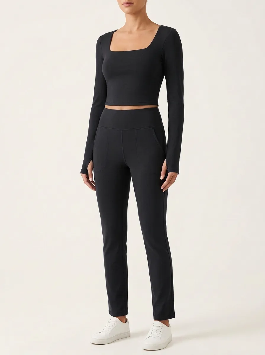 Women's Square-Neck Thumbhole Crop Top and Side-Pocket Straight-Leg Trouser Set