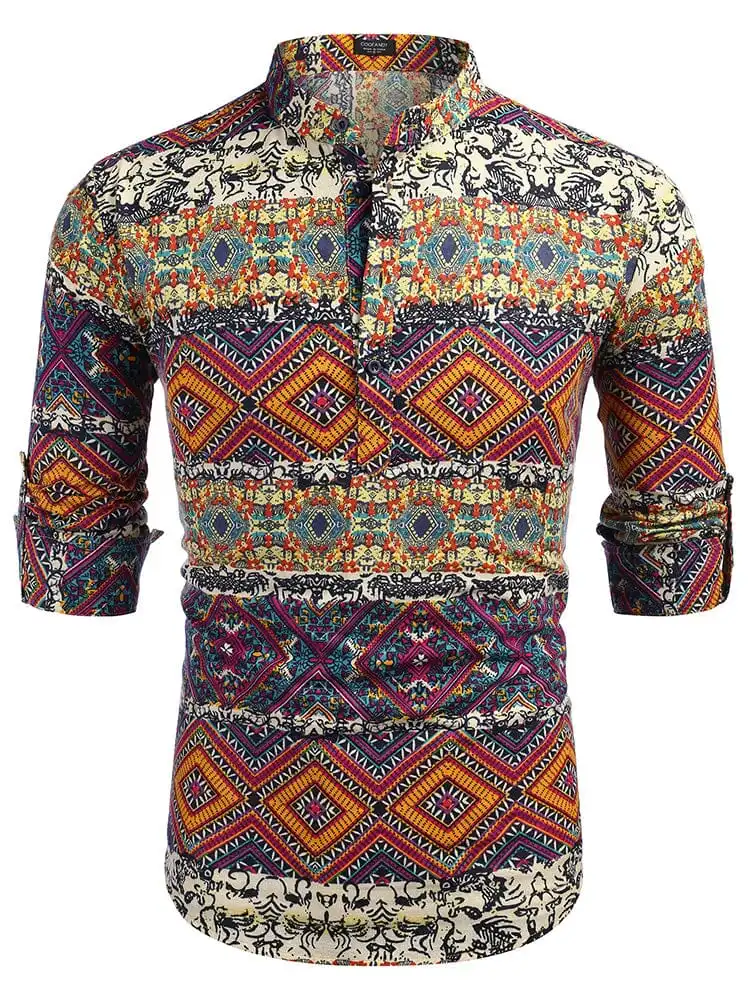Cotton Linen Printed Henley Shirt