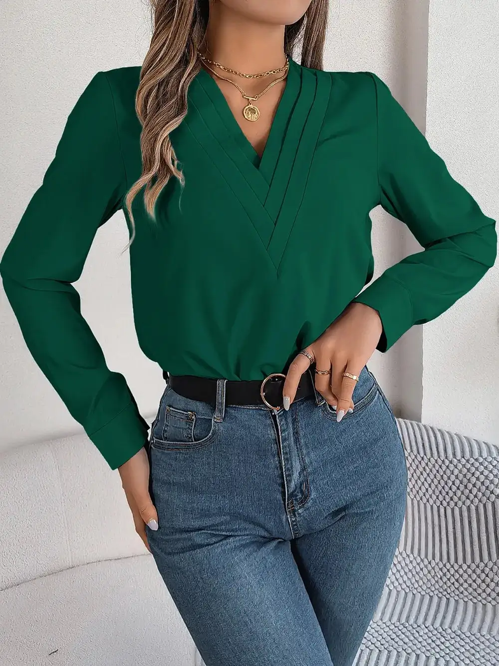 Textured V-Neck Long Sleeve Blouse