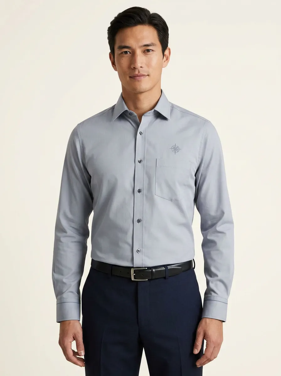 Men's Non-Iron Cotton Compass Logo Embroidered Long Sleeve Shirt
