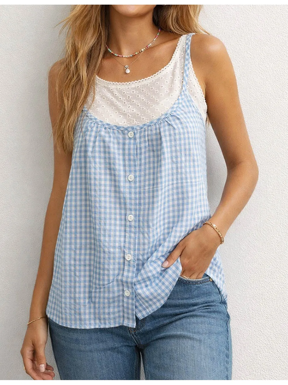 Checked Button Front Two Piece Sleeveless Cami Top