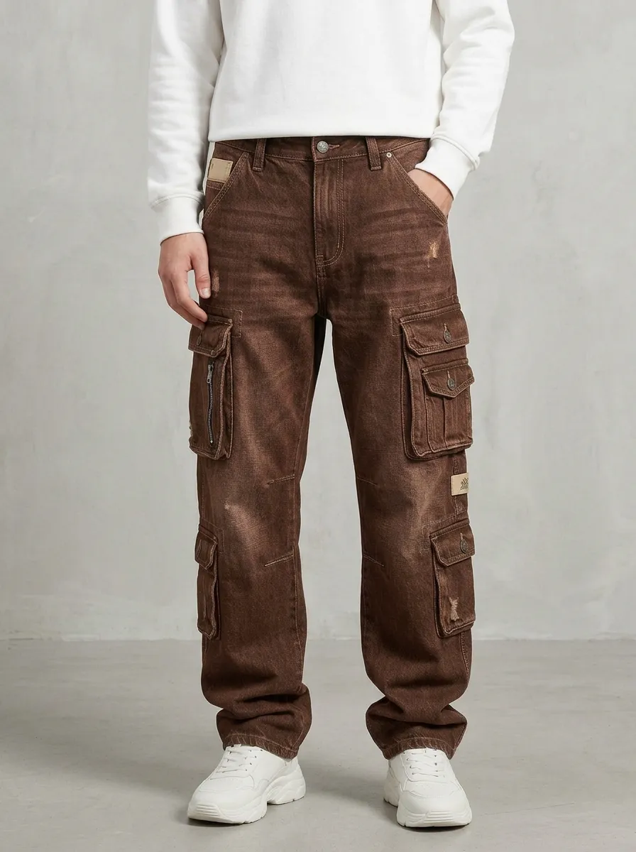 Men's Summit Streetwear Distressed Denim Multi-Pocket Cargo Jeans