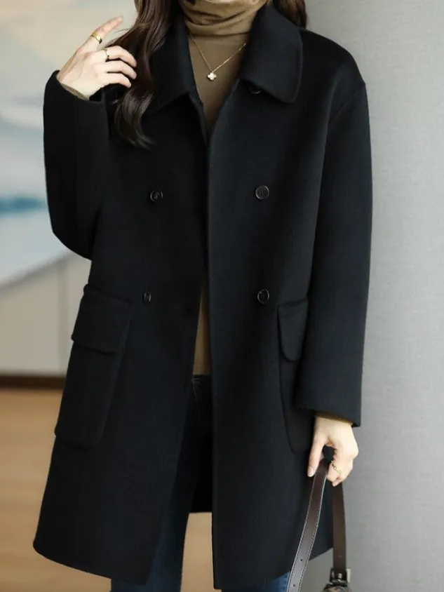 Shawl Collar Long Sleeve Plain Buckle Heavyweight Loose Coat For Women