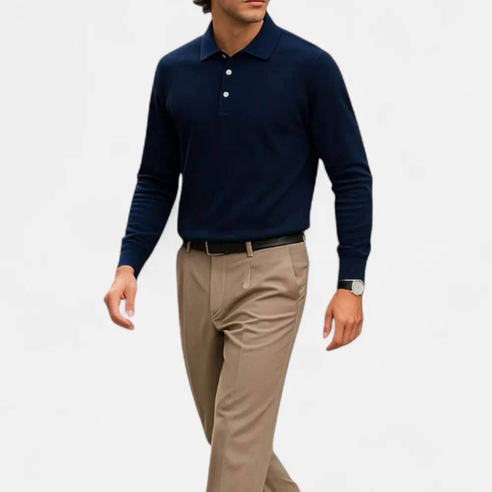 Cotton Denim Long Sleeve Polo Shirt