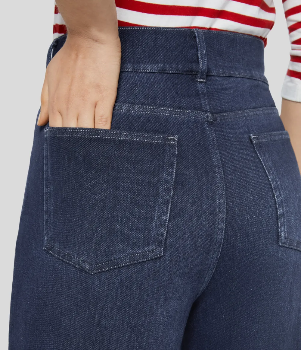 Magic High Waisted Decorative Button Multiple Pockets Straight Leg Stretchy Knit Casual Boyfriend Jeans