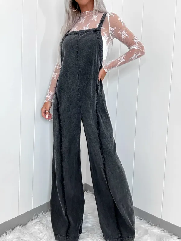 Vintage Washed Raw Edge Wide Leg Jumpsuit