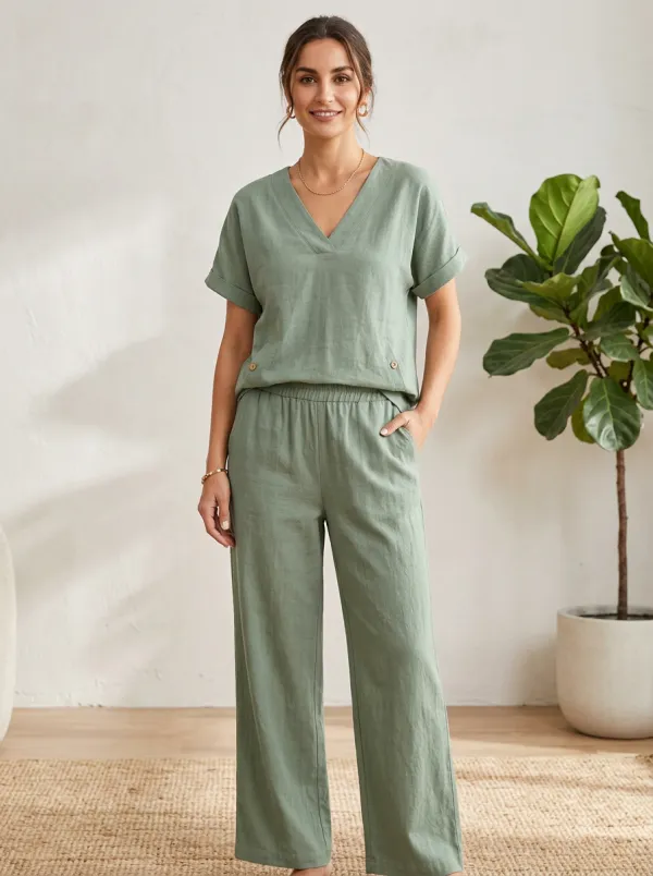 Short-Sleeve Cuffed-Sleeve Button-Detail Women's V-Neck Shirt