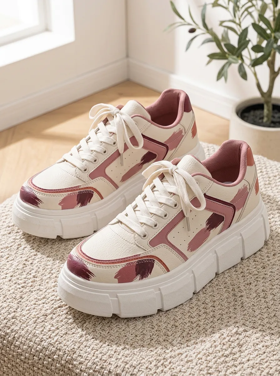 Women's Casual Fashion Pink Brushstroke Printed Platform Sneakers