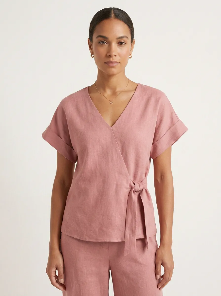 Short-Sleeve Linen-Blend Wrap-Front Women's V-Neck Shirt