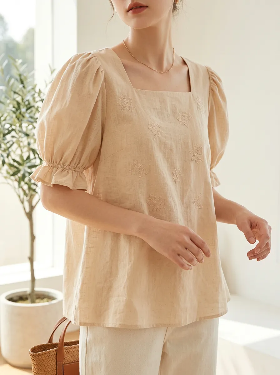 Embroidered Floral Women's Puff-Sleeve Blouse