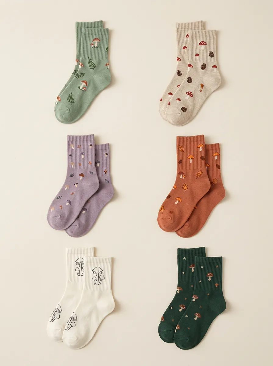 Women's Mushroom Mid-Calf Crew Socks Four Pair Set