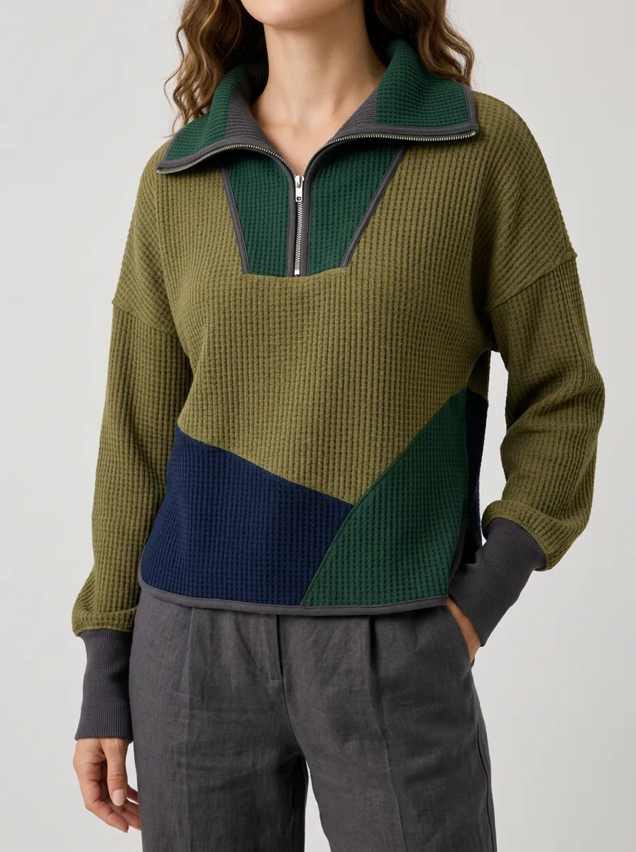 Easygoing Layered Colorblock Waffle Knit Quarter Zip Pullover Top
