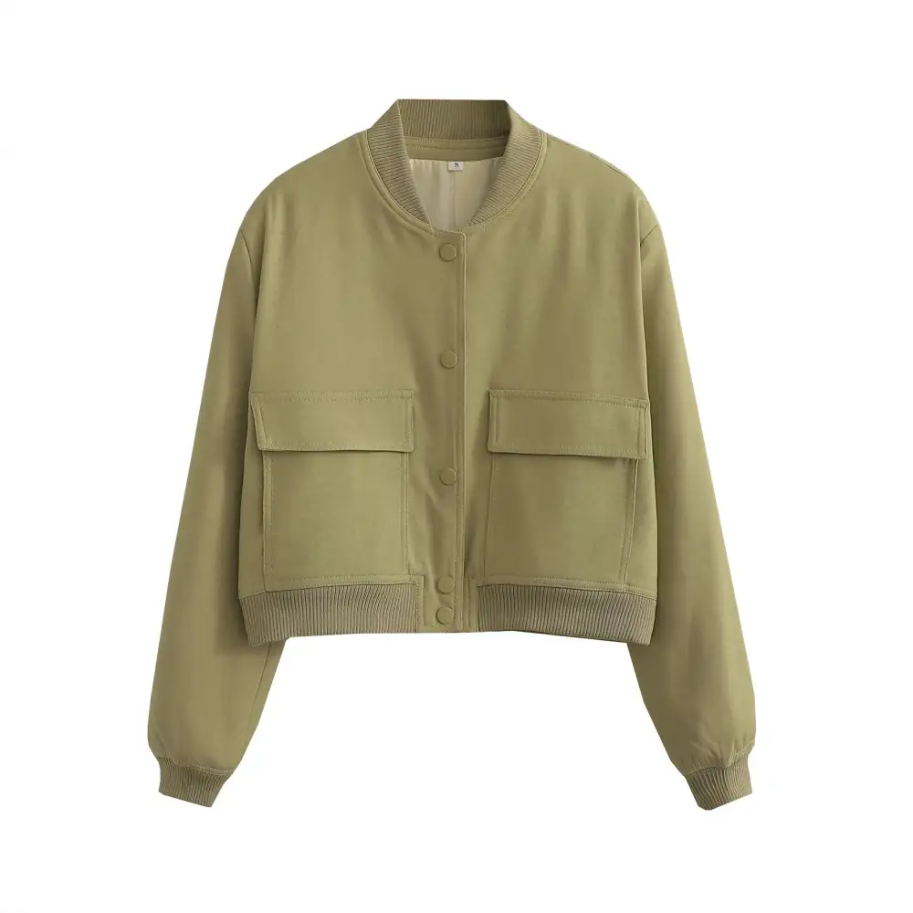 Cropped Flap Pocket Ribbed Trim Bomber Jacket