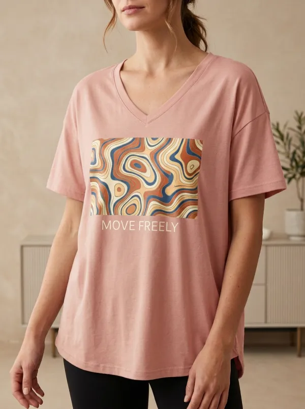 Women's Move Freely Abstract Swirl Printed V-Neck T-Shirt