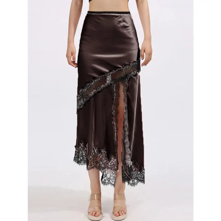 Lace Trim Asymmetrical Midi Skirt