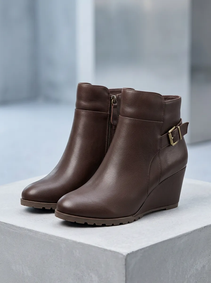 Buckle-Detail Side-Zip Leather-Look Women's Wedge Ankle Boots