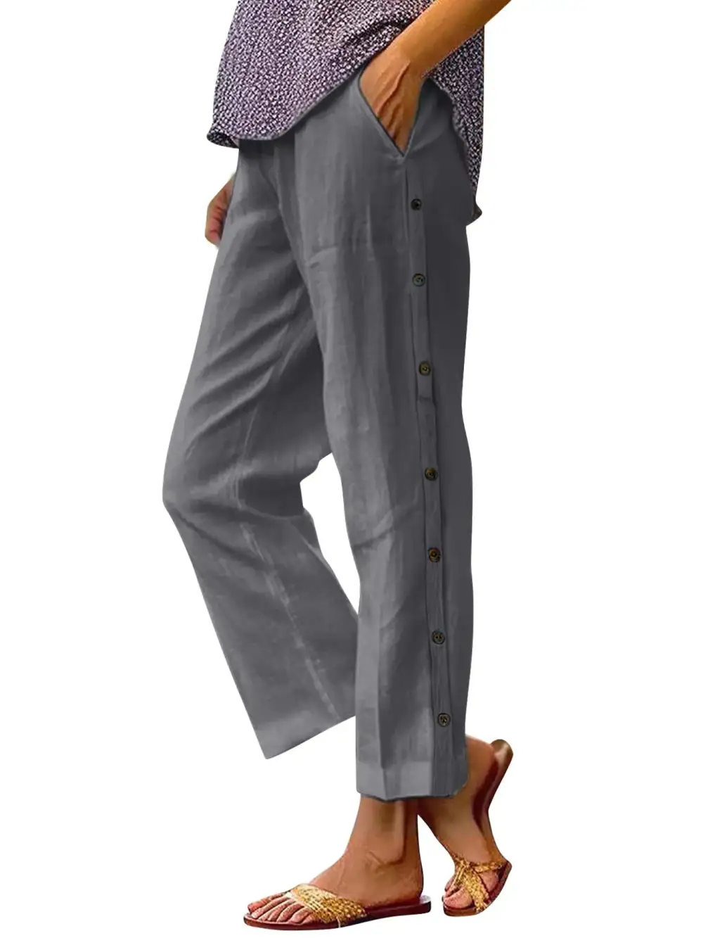 Wide Leg Button Detail Pocketed Pants