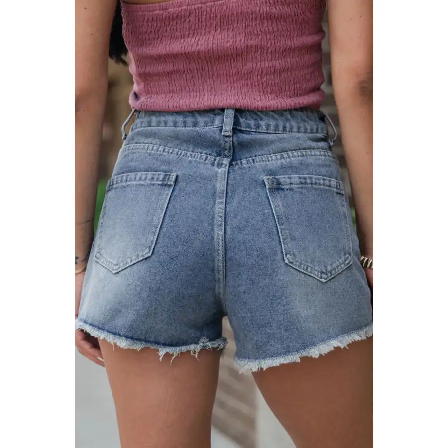Pearl Beaded Raw Hem Wash Denim Shorts