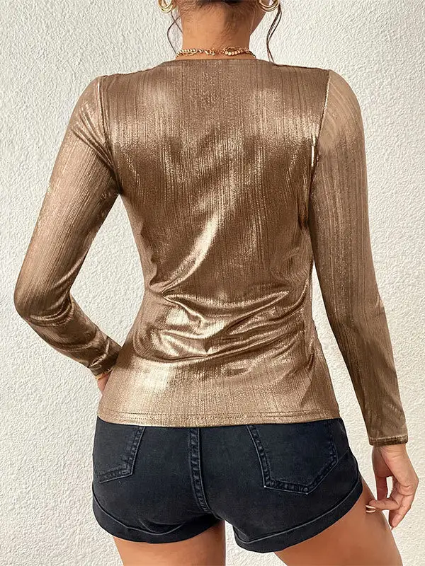 Long Sleeve Slim Fit Pleat Detail Shiny Panel Detail V-Neck T-Shirt