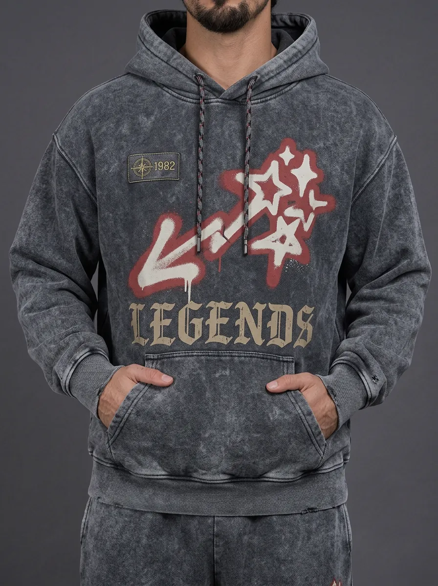 Men's Legends Star Arrow Graphic Acid Wash Printed Hoodie