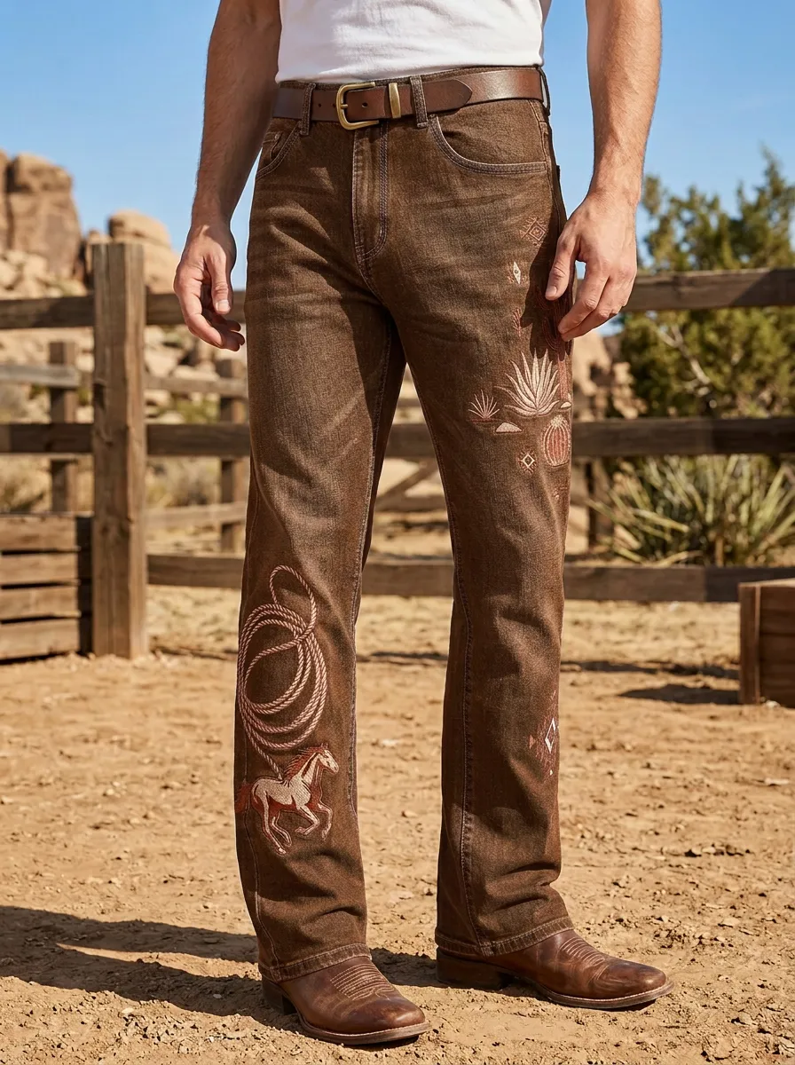 Men's Ranch Inspired Western Cowboy Horse Cactus Jeans