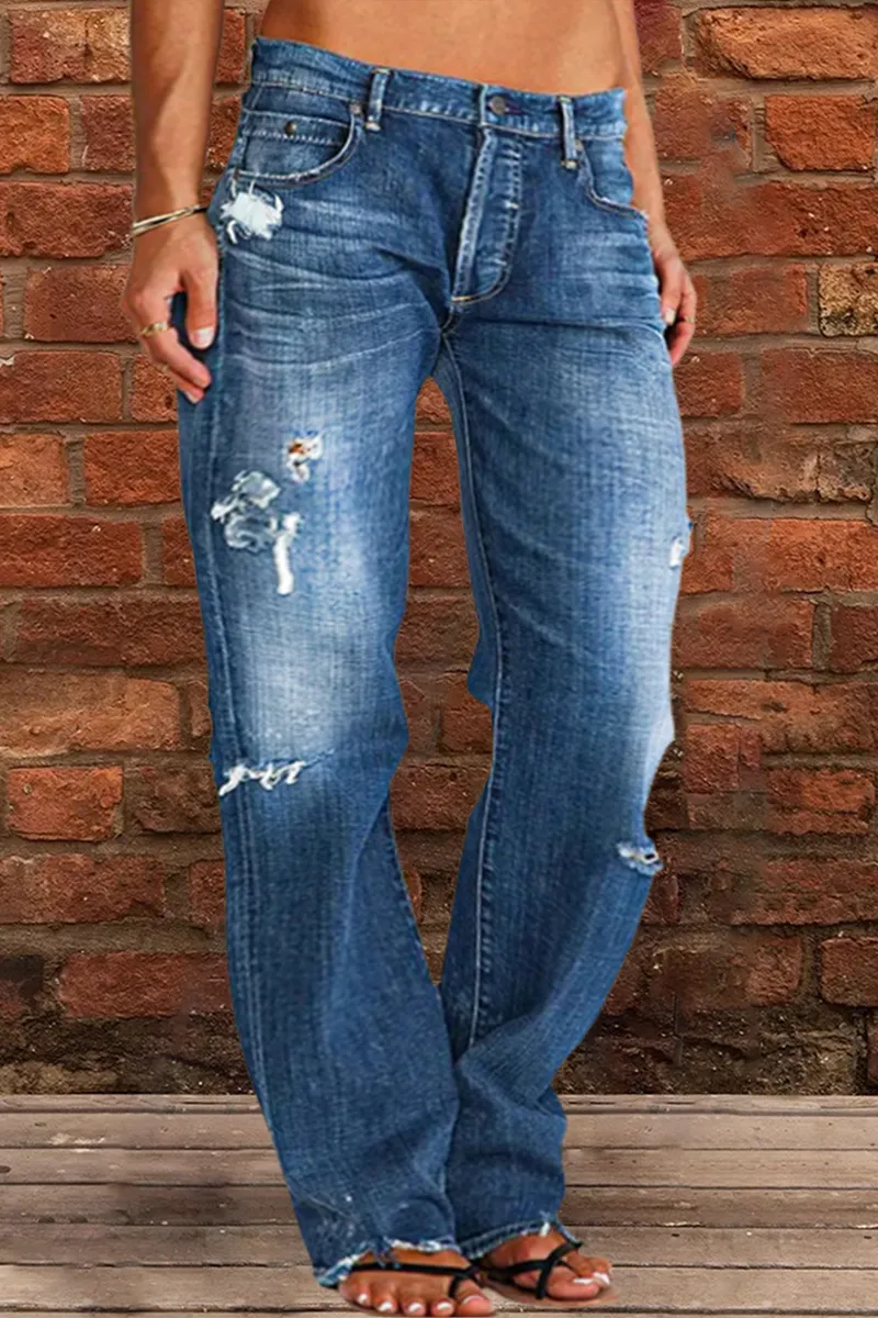 Ripped Low Waist Straight Leg Jeans