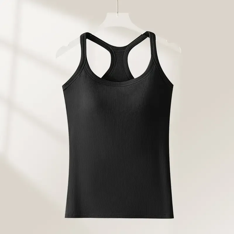 Women's Ribbed Built-in Bra Tank Top | Racerback Cropped Camisole with Removable Pads | Wireless Supportive Workout Yoga Top