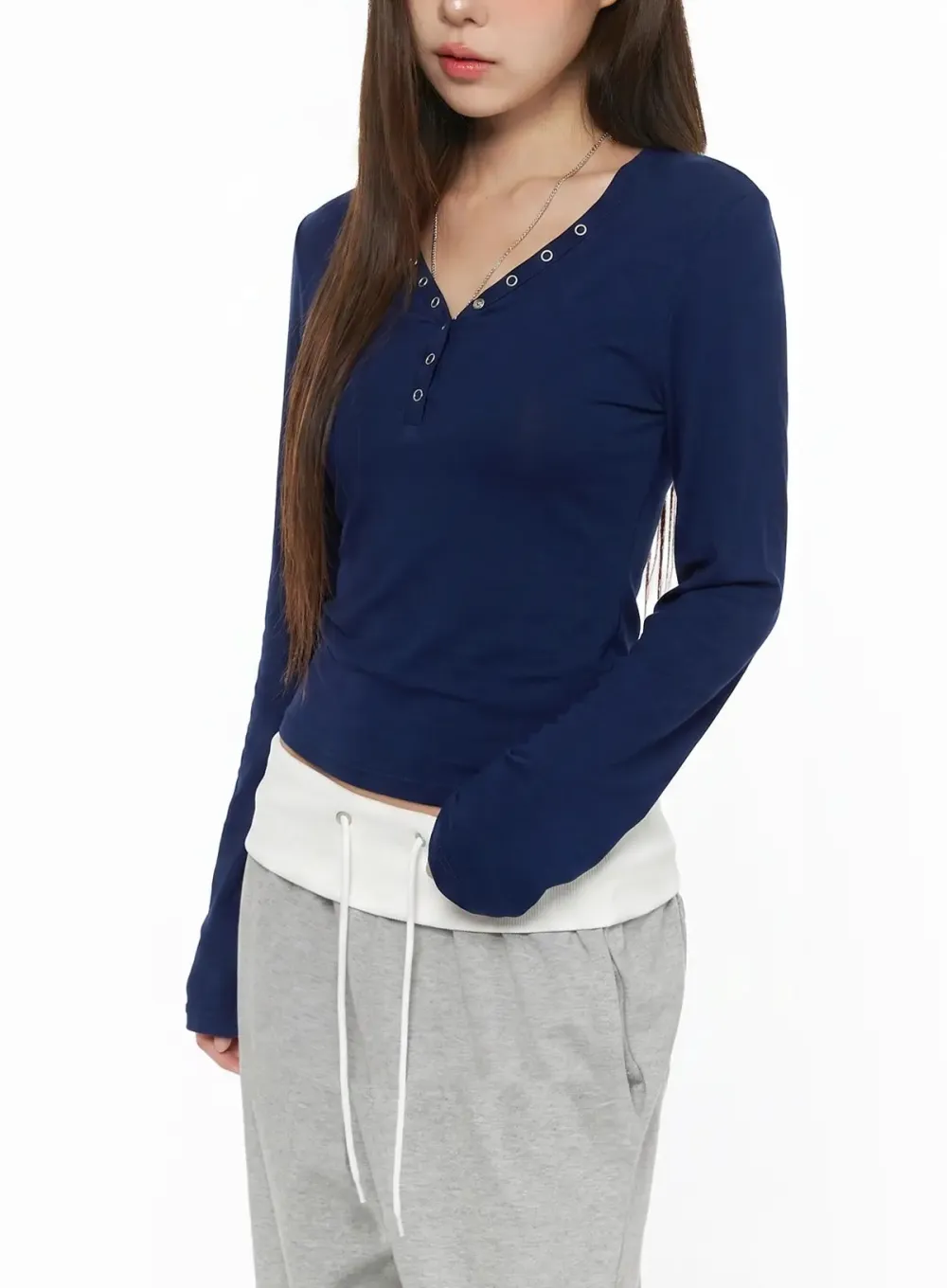 Eyelet Henley V-Neck Long Sleeve Tee