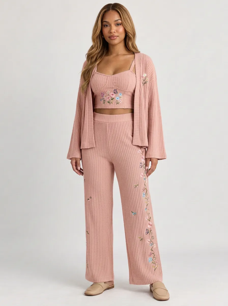 Women's Floral Embroidery Ribbed Knit 3-Piece Set
