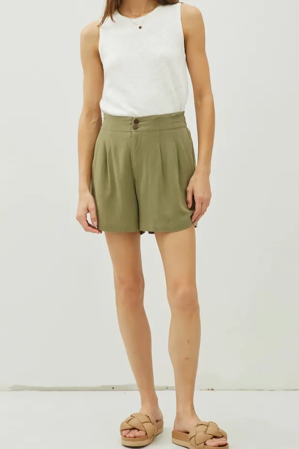 Olive Green Linen Pleated High Waist Shorts