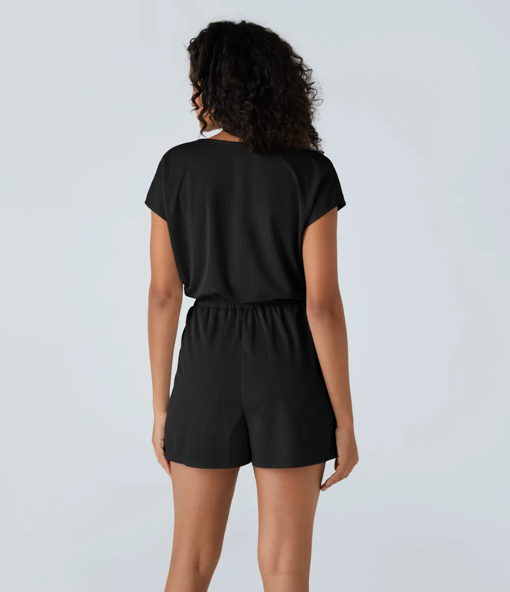 V Neck Short Sleeve Pocket Waffle Casual Romper