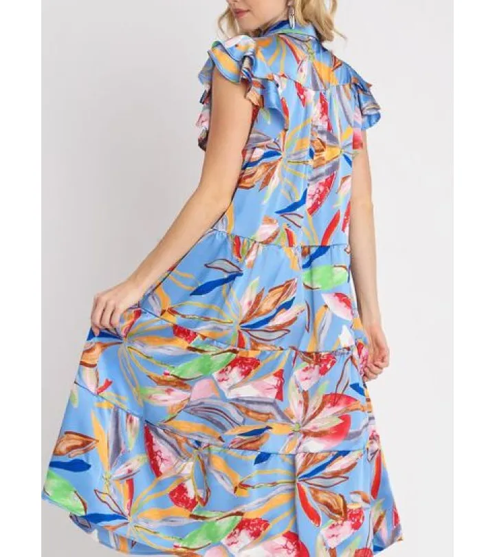 Full Size Leaf Double Layered Ruffle Sleeve Tiered Midi Dress Plus Size