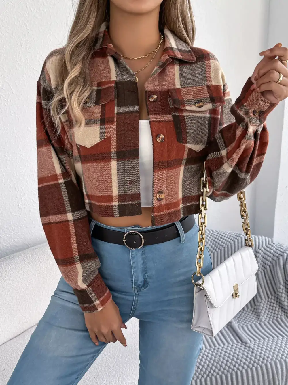 Plaid Button Up Cropped Jacket