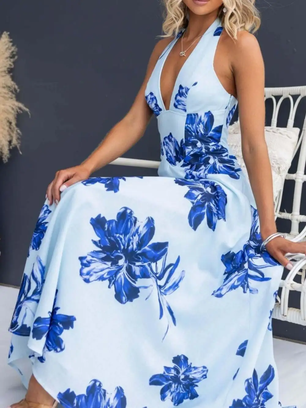 Casual Floral Print Halter Neck Maxi Dress