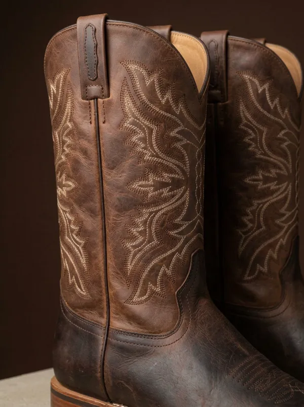 Men's Western Cowboy Brown Leather Embroidered Printed Cowboy Boots