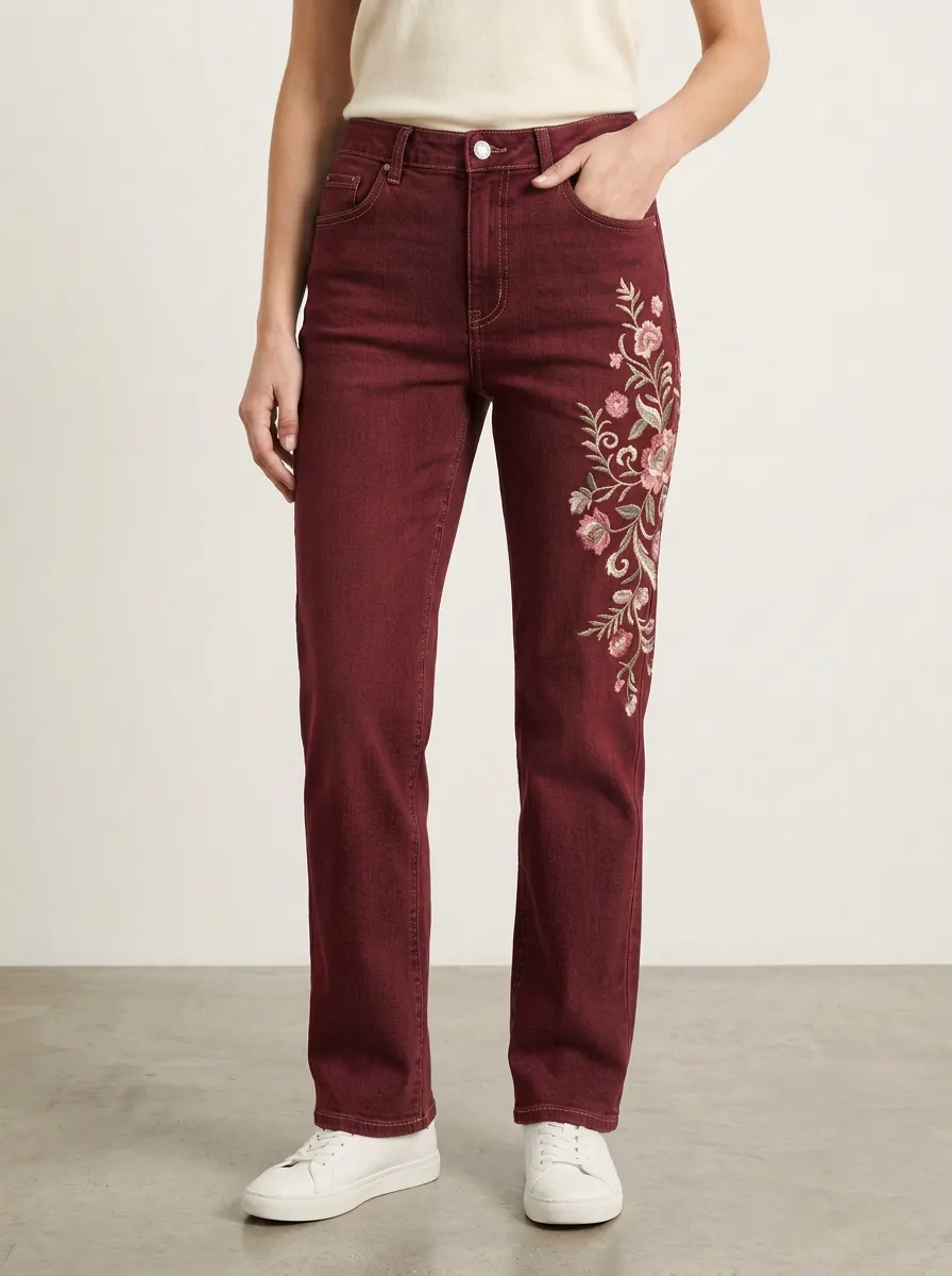 Women's Light Wash Floral Rose Embroidered High-Rise Straight Leg Jeans