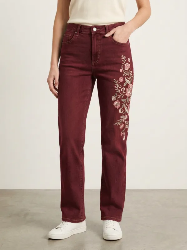 Women's Light Wash Floral Rose Embroidered High-Rise Straight Leg Jeans