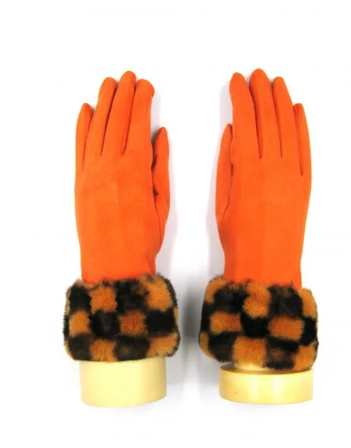 Checkerboard Fur Trim Gloves