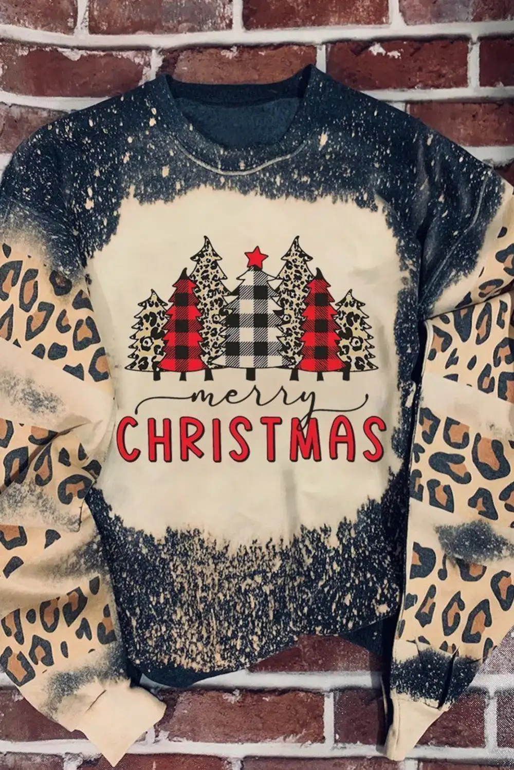 PRAY Letter Leopard Bleached Color Block Sweatshirt