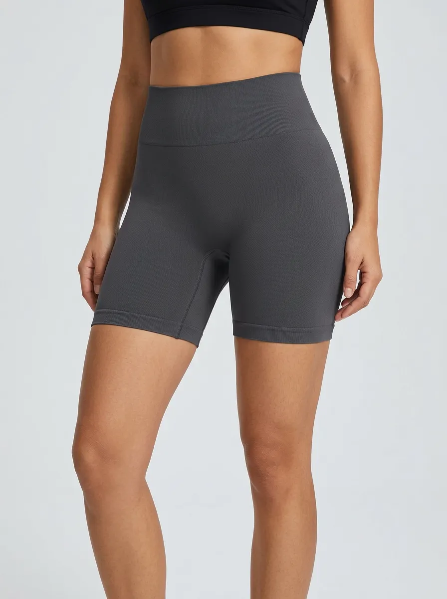 Women's Ribbed-Waistband Ribbed-Hem High-Rise Biker Shorts