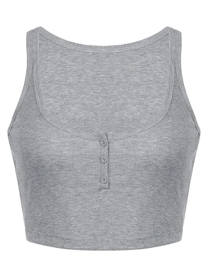 Scoop-Neck Ribbed Button-Front Cropped Tank Top