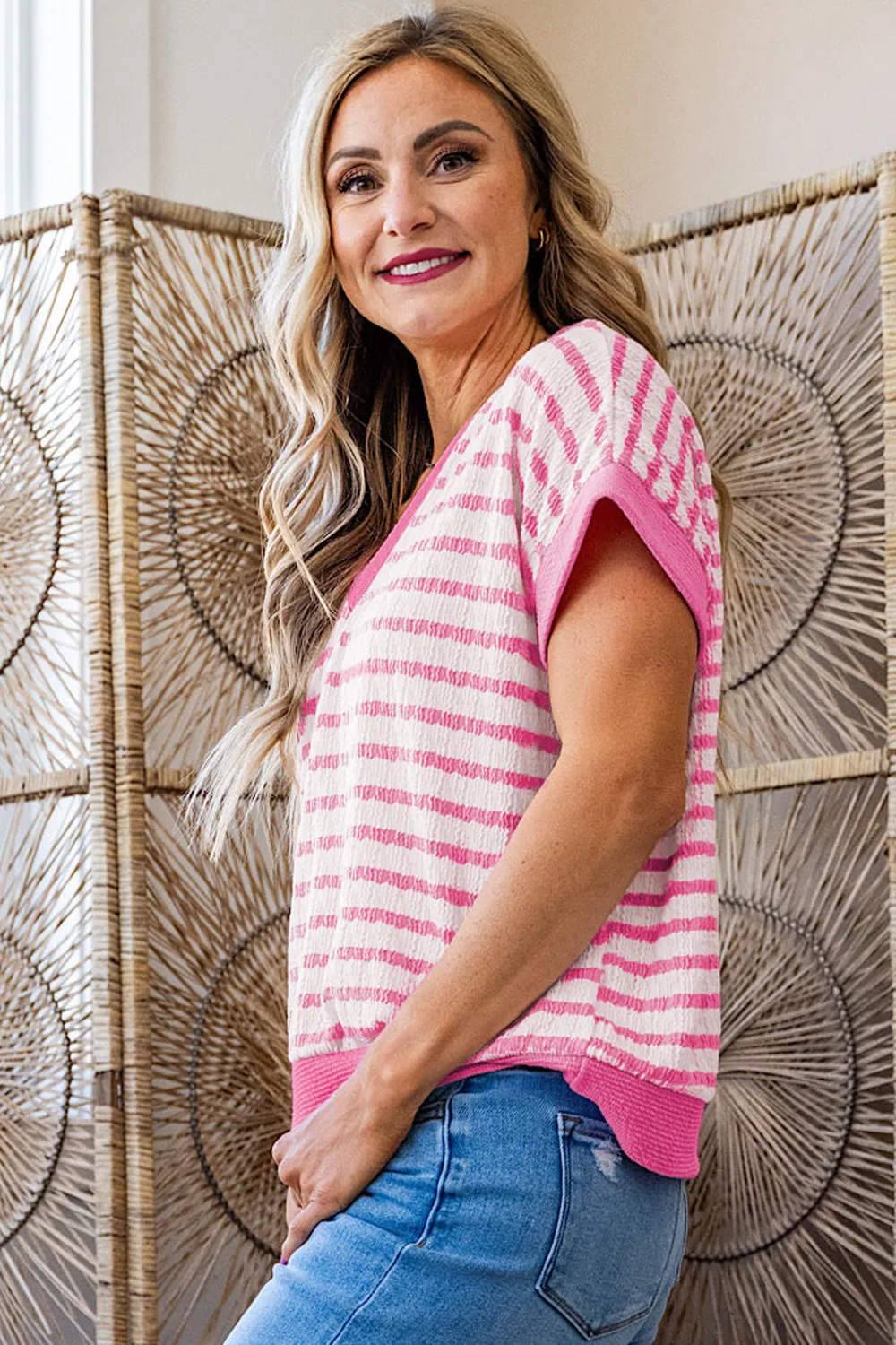 Pink Stripe Textured Knit Contrast Top