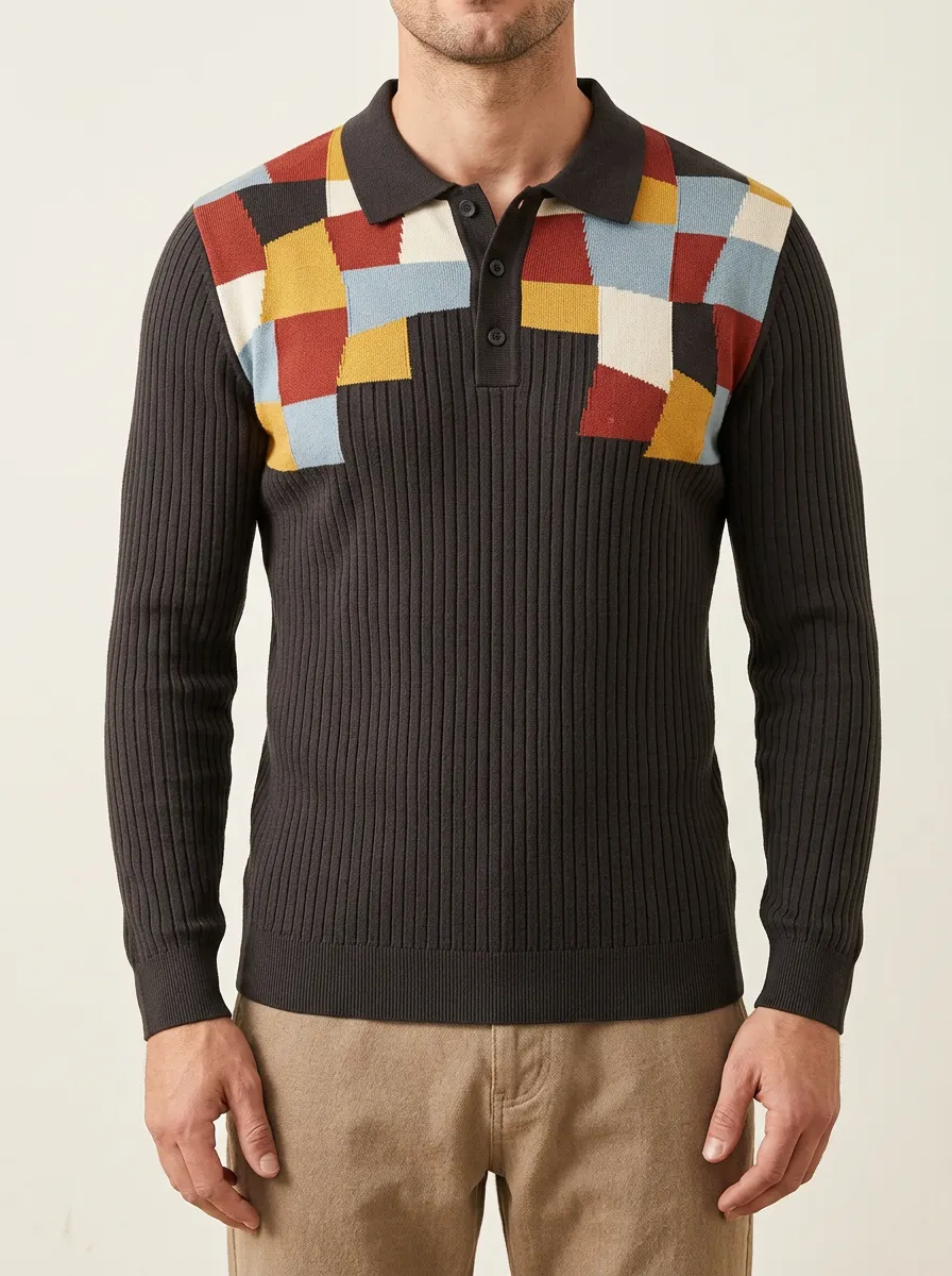 Men's Geometric Colorblock Pattern Printed Long Sleeve Polo Shirt