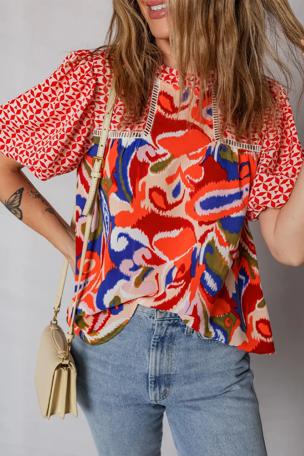 Red Paisley Geometric Mixed Print Blouse