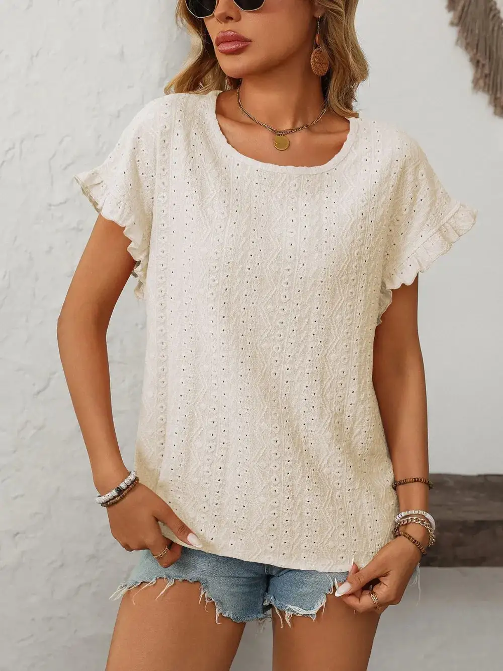 Mandy Eyelet Frill Round Neck Short Sleeve Top