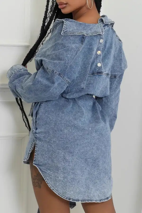 Denim Casual Single-Breasted Belted Mini Dress