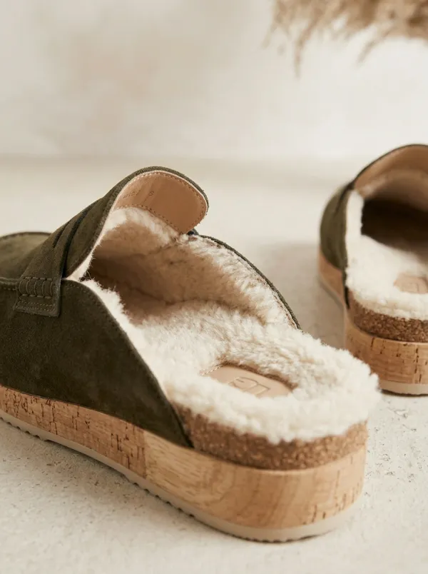 Women's Rugged Faux Fur Lined Suede Wood Sole Loafers