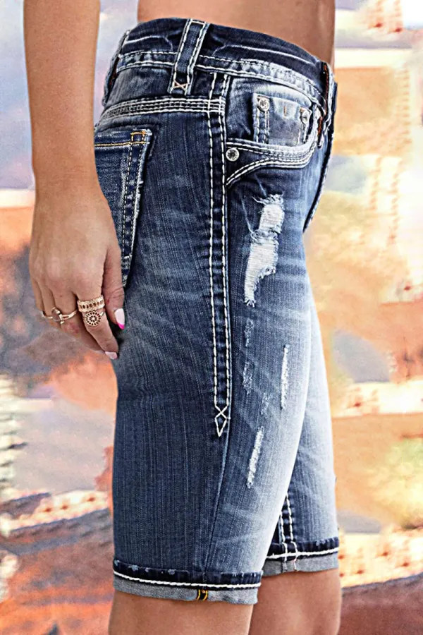 Double Button Ripped Mid Rise Denim Bermuda Shorts