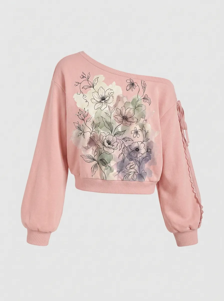 Women's Floral Art Watercolor Line Printed Off-Shoulder Sweatshirt